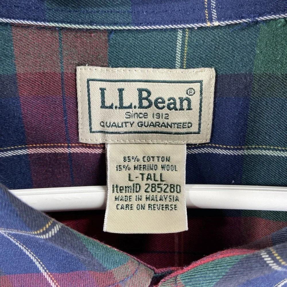 L.L. Bean Shirt Mens Large Tall Button Down Merino Wool Cotton Plaid Long Sleeve